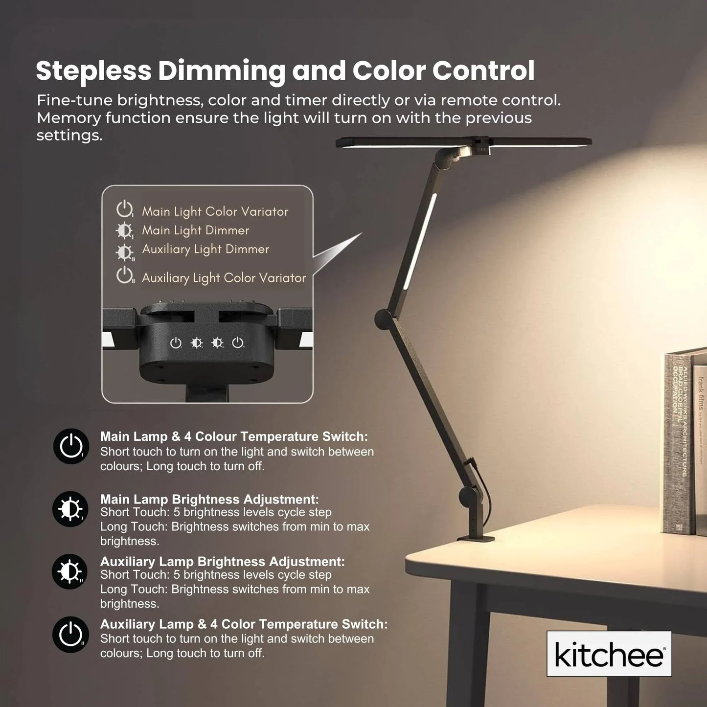 Kitchee Tri-Fold LED Desk Lamp with Clamp - Swinging Arm Eye-Care Dimmable Light - Mekamart Australia