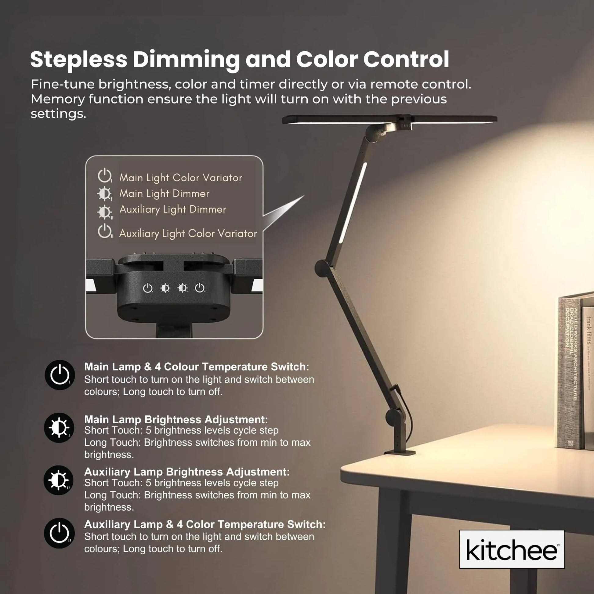 Kitchee Tri-Fold LED Desk Lamp with Clamp - Swinging Arm Eye-Care Dimmable Light - Mekamart Australia