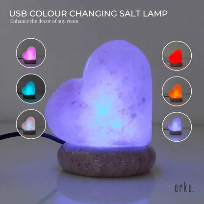 USB Colour Changing Salt Himalayan Lamp - Heart Love Shape Pink Rock LED Light - Mekamart Australia