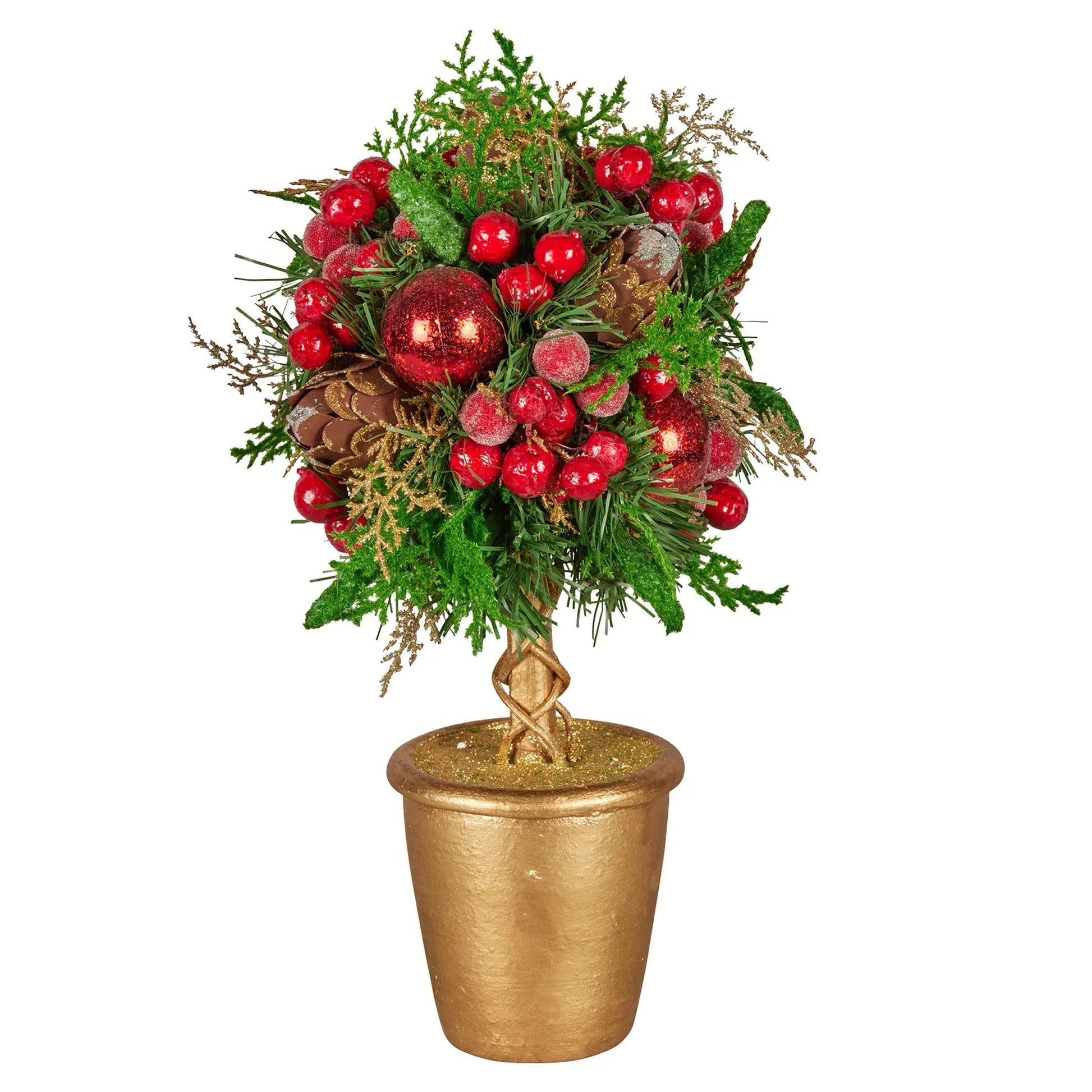 Christabelle 36cm Christmas Tabletop Topiary Tree Pre-Decorated Berries, Baubles & Pine Cones Gold Pot Twisted Stem Festive Decoration - Mekamart Australia