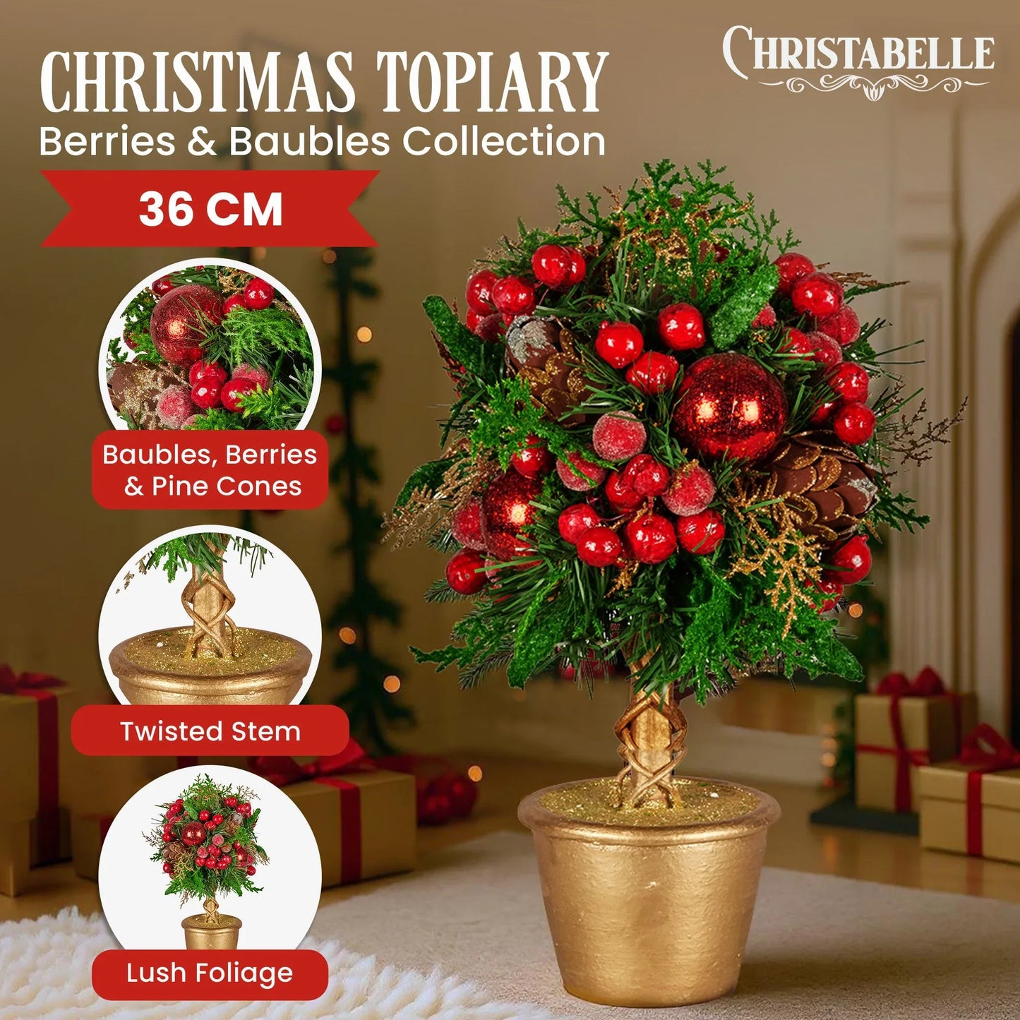 Christabelle 36cm Christmas Tabletop Topiary Tree Pre-Decorated Berries, Baubles & Pine Cones Gold Pot Twisted Stem Festive Decoration - Mekamart Australia