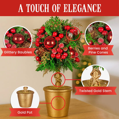 Christabelle 36cm Christmas Tabletop Topiary Tree Pre-Decorated Berries, Baubles & Pine Cones Gold Pot Twisted Stem Festive Decoration - Mekamart Australia