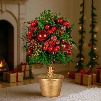 Christabelle 36cm Christmas Tabletop Topiary Tree Pre-Decorated Berries, Baubles & Pine Cones Gold Pot Twisted Stem Festive Decoration - Mekamart Australia