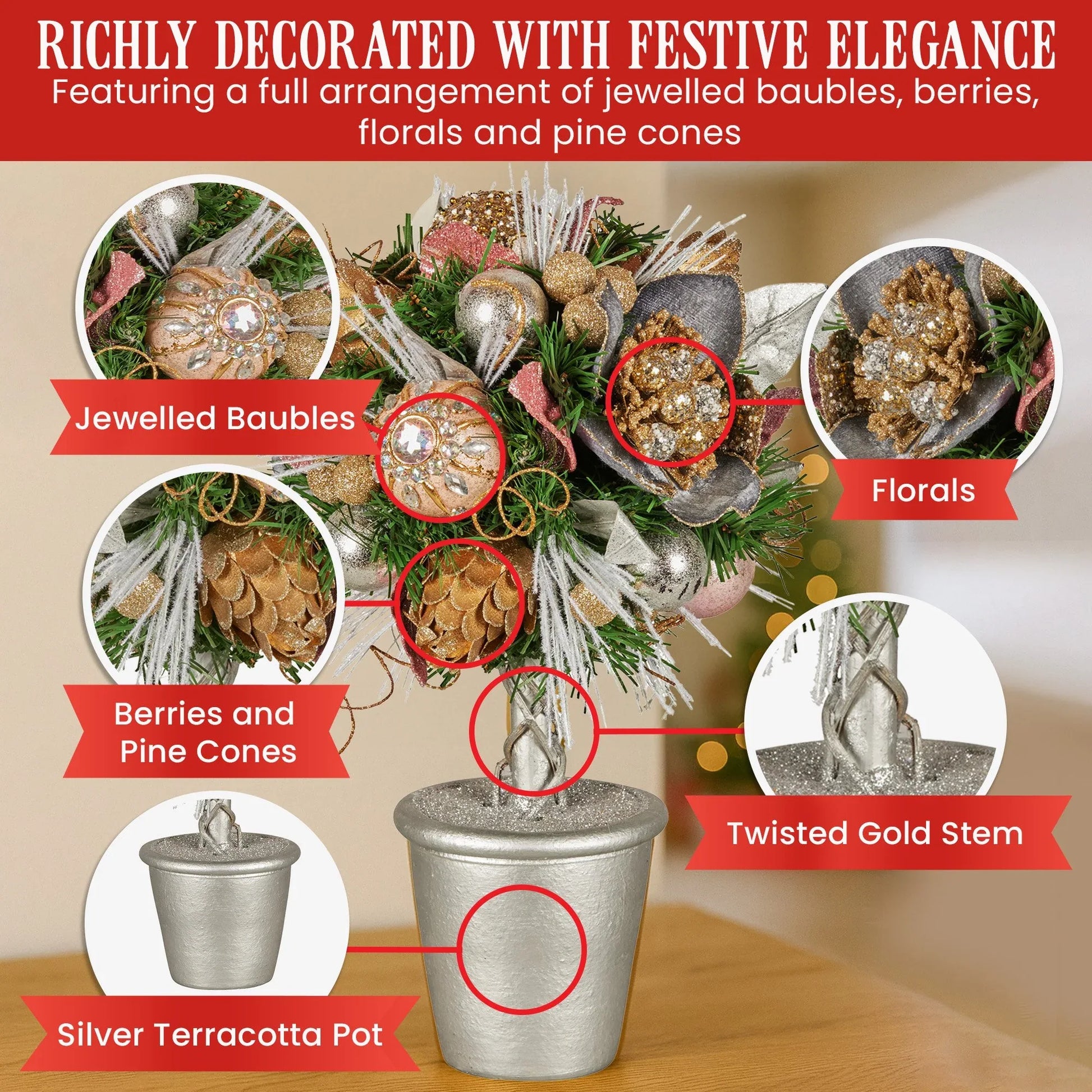 Christabelle 36cm Christmas Tabletop Topiary Tree Jewelled Baubles, Berries, Flowers and Pine Cones Festive Decoration - Mekamart Australia