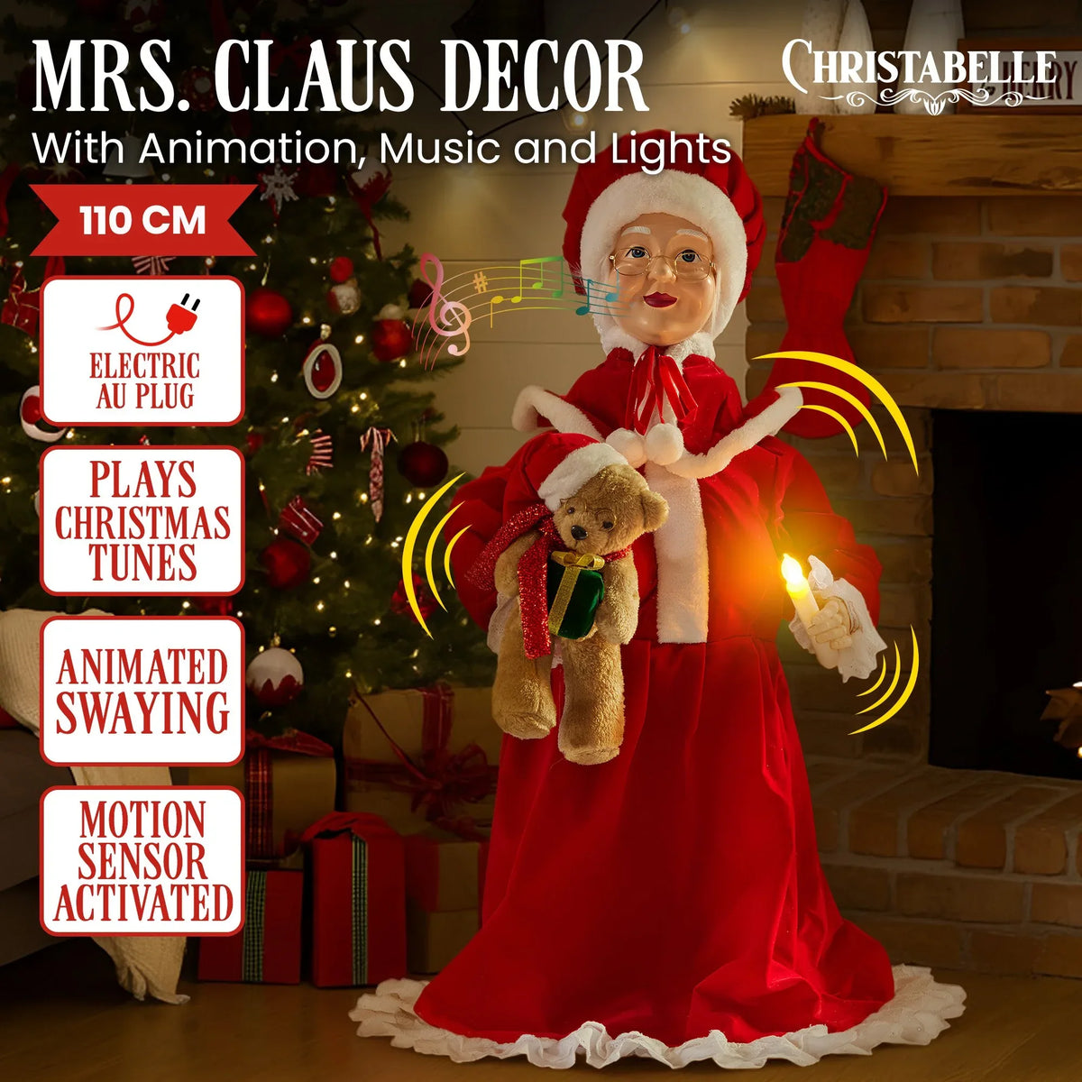 Christabelle 1.1m Musical LED Animated Christmas Mrs Claus Glowing Candle Ornament Decoration - Mekamart Australia
