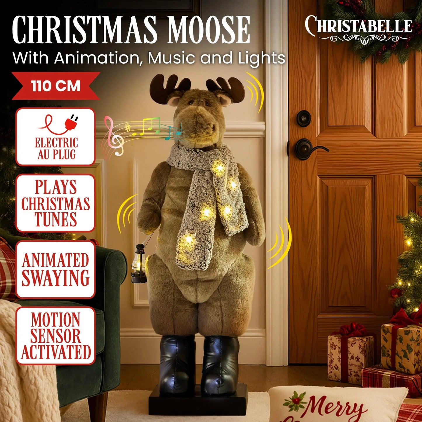 Christabelle 1.1m Musical LED Animated Christmas Moose Decoration Light-Up Lantern Ornament - Mekamart Australia