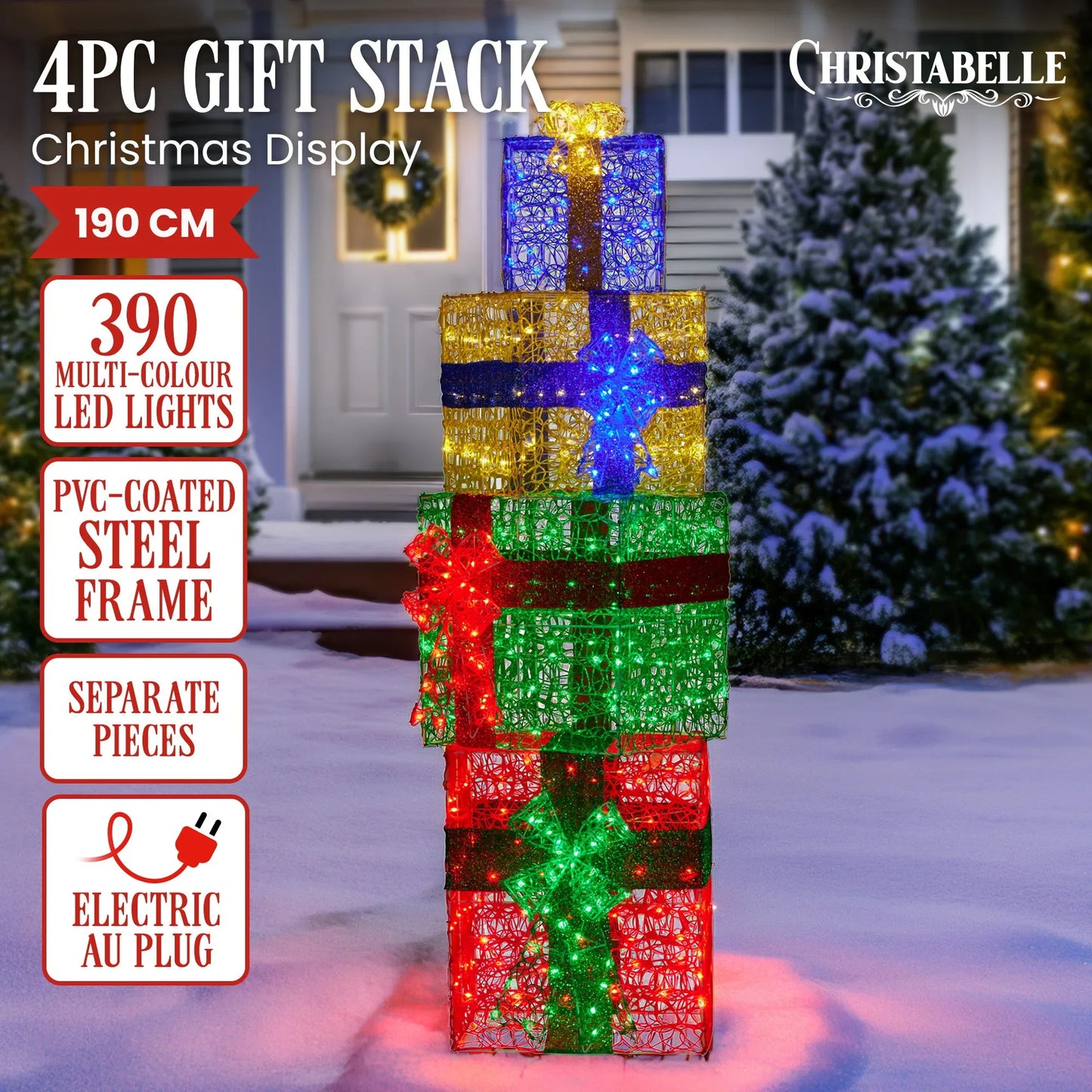 Christabelle 190cm 4-piece Gift Stack Box Christmas Decor Bows Led Lights Xmas - Mekamart Australia