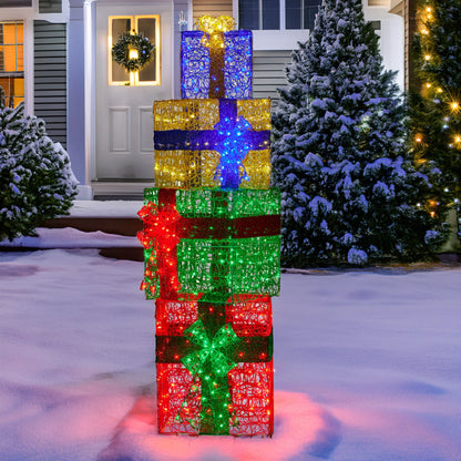 Christabelle 190cm 4-piece Gift Stack Box Christmas Decor Bows Led Lights Xmas - Mekamart Australia