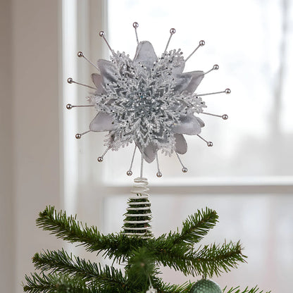 Christabelle Christmas Tree Topper Poinsettia Decoration Ornament Silver Petals - Mekamart Australia