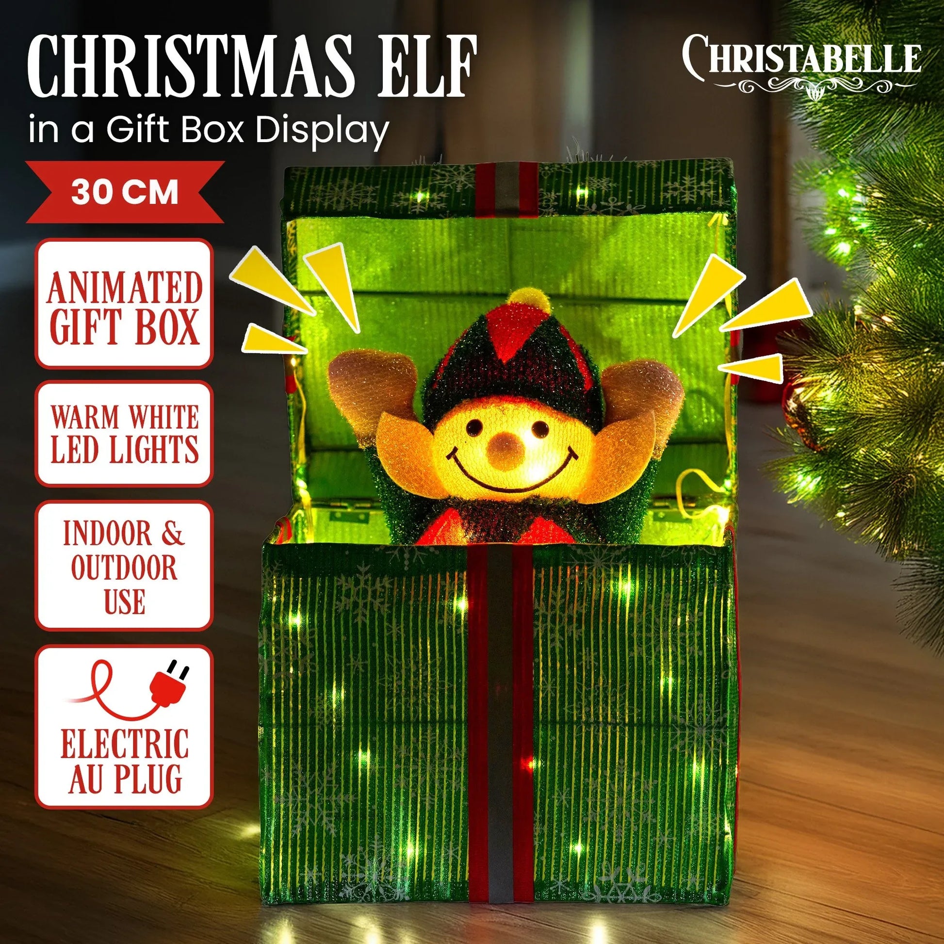 Christabelle Animated Elf Gift Box Led Lights Christmas Tree Decoration Ornament - Mekamart Australia