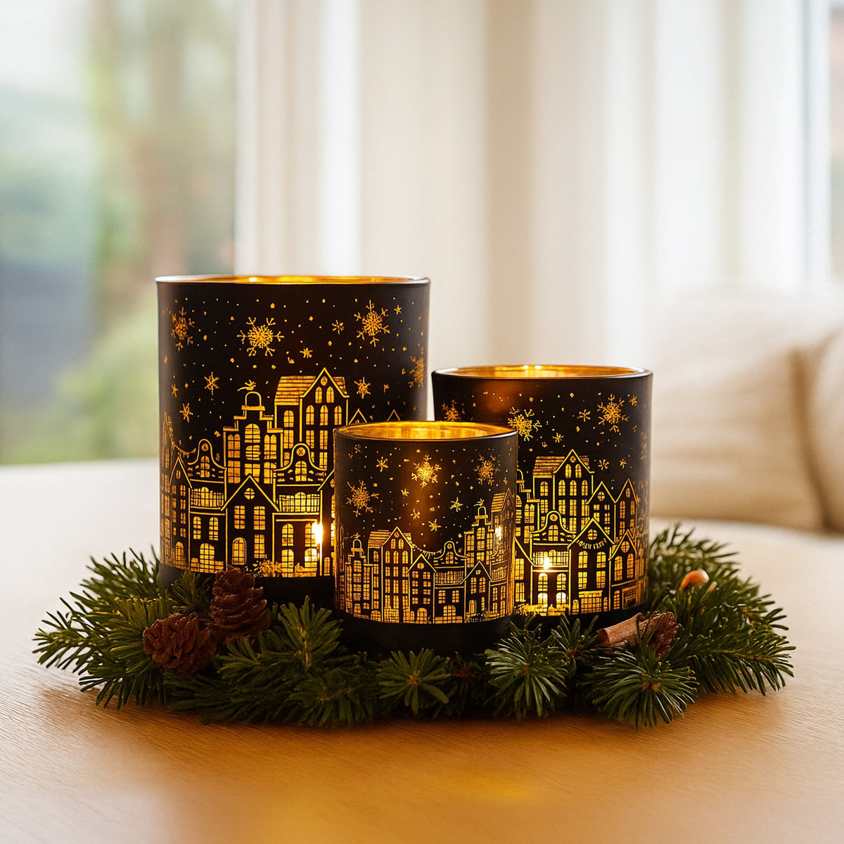 Christabelle Christmas Candle Jar Set Of 3 Black And Gold Holiday Candle Holders