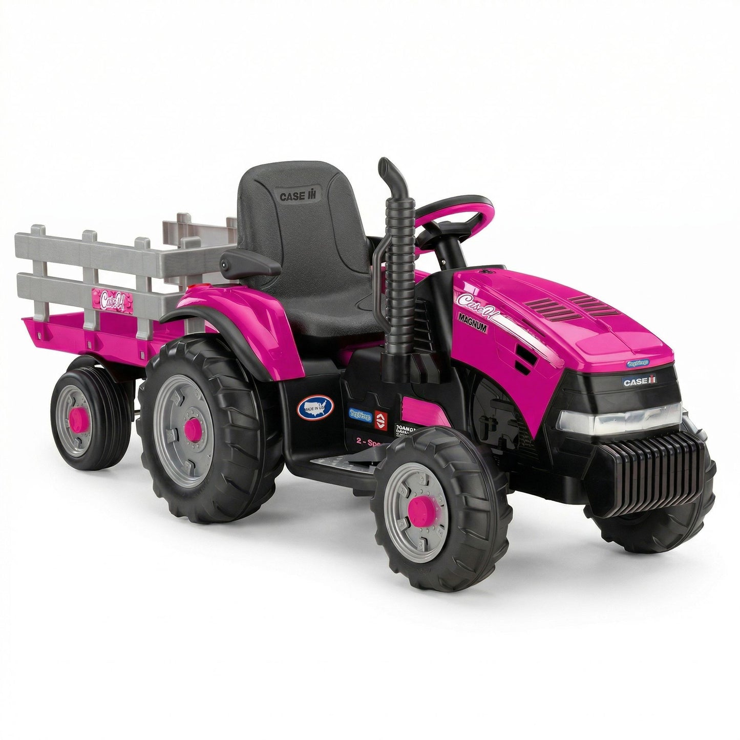 Klika Peg Perego Pink Case IH 12V Kids Ride On Tractor with Trailer 2 Speed Toy