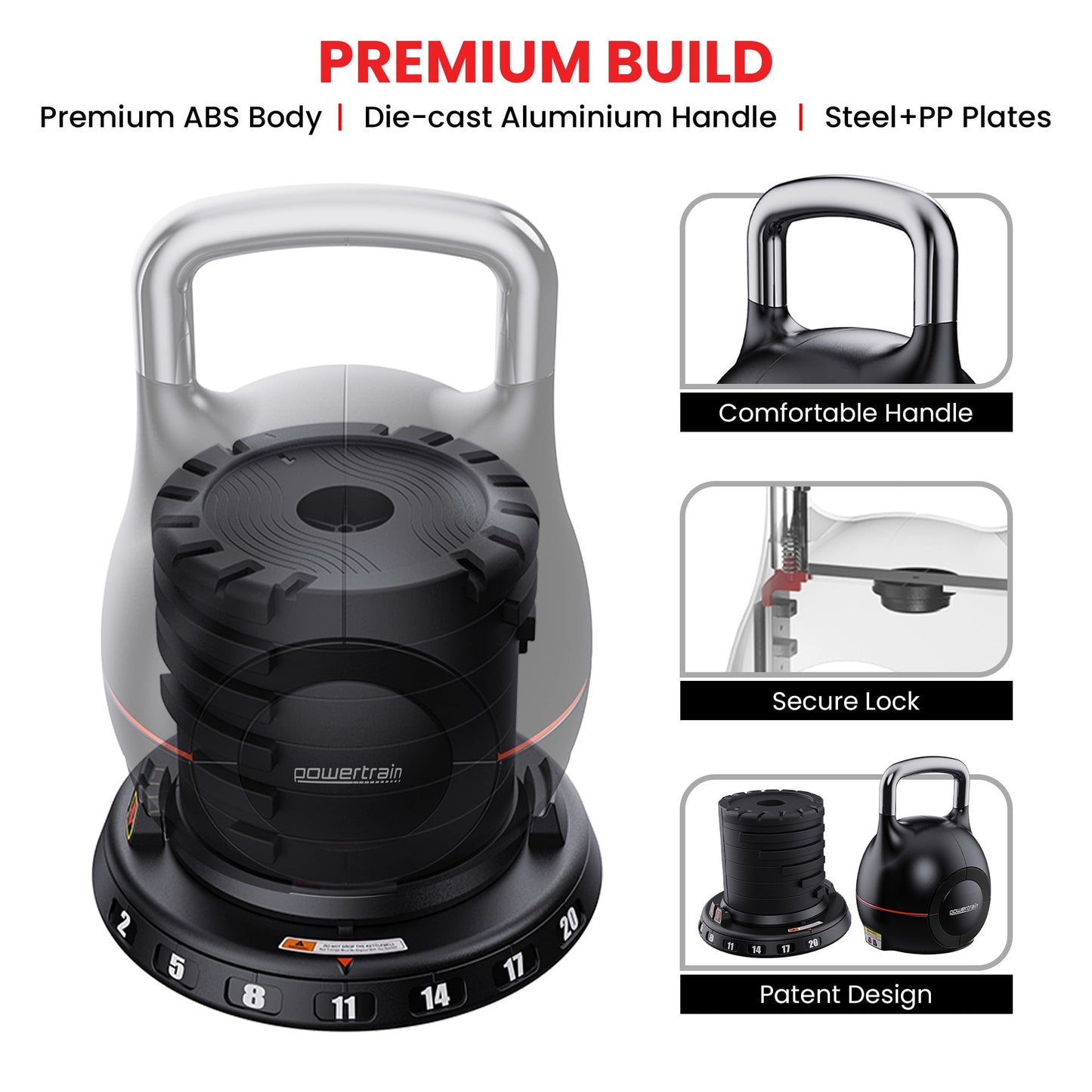 Powertrain 2x 20kg Adjustable Kettlebell One Hand Adjustment Weight Set