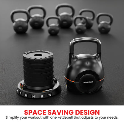 Powertrain Adjustable Kettlebell 20kg 7 in 1 Weight Selection Set w/Quick One Hand Adjustment Secure Locking System