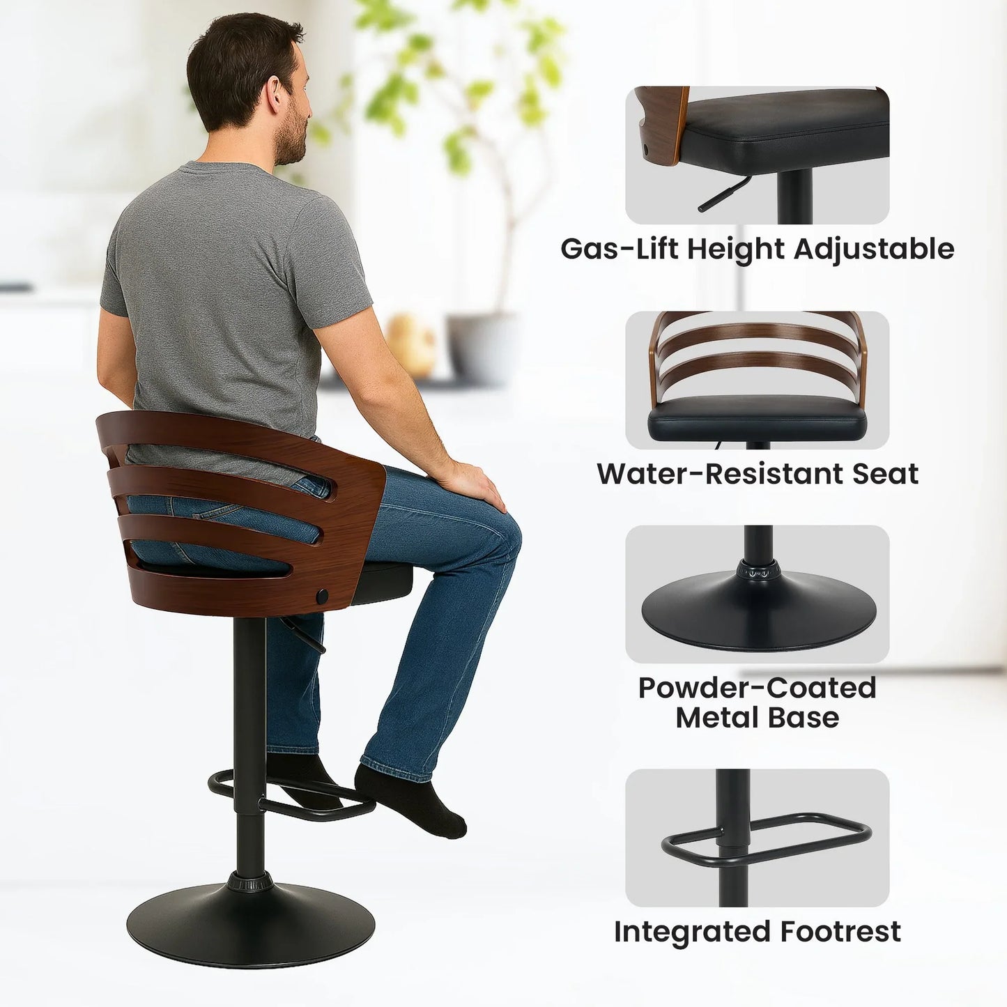 Sarantino Set Of 2 Bentwood Walnut Barstool Adjustable Height Swivel Footrest - Mekamart Australia