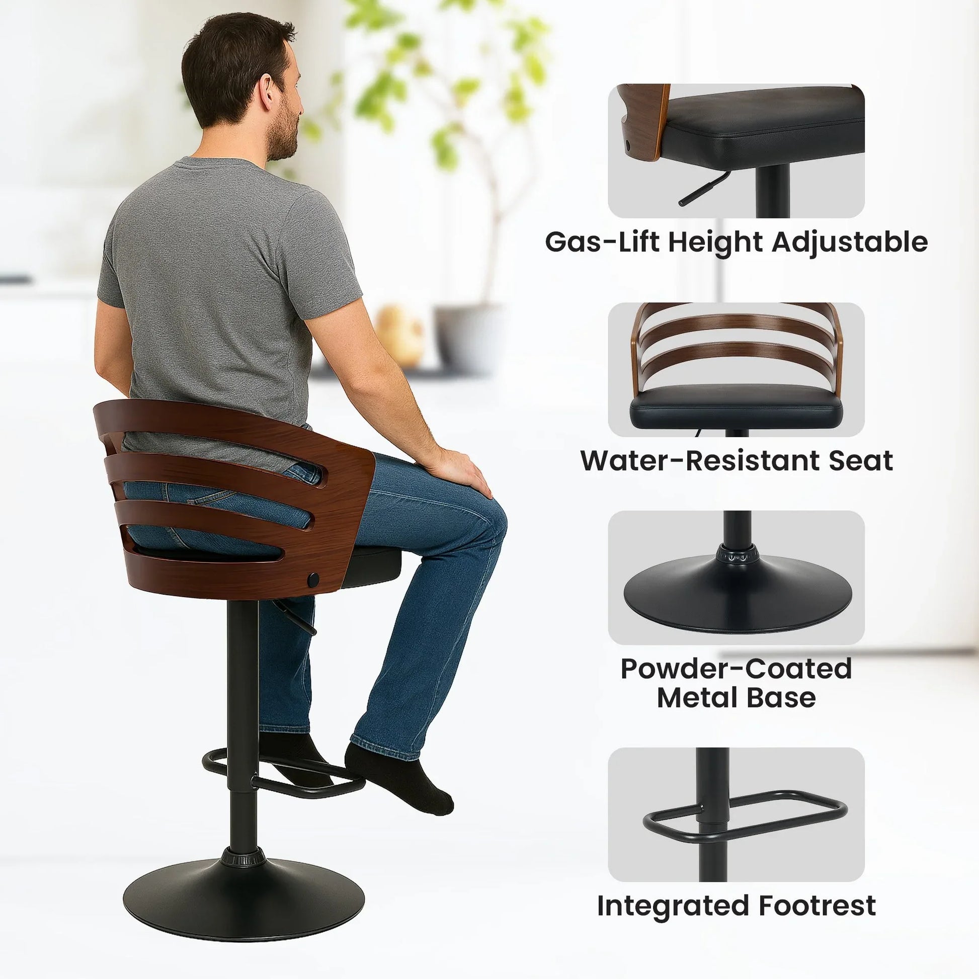 Sarantino Set Of 2 Bentwood Walnut Barstool Adjustable Height Swivel Footrest - Mekamart Australia