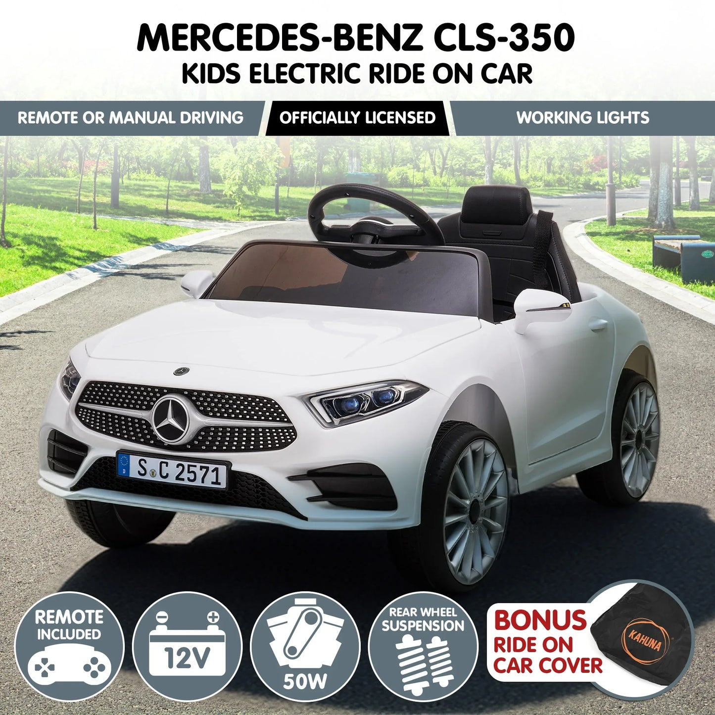 Kahuna Mercedes Benz CLS 350 Kids Electric Ride On Car with Remote Control - White - Mekamart Australia