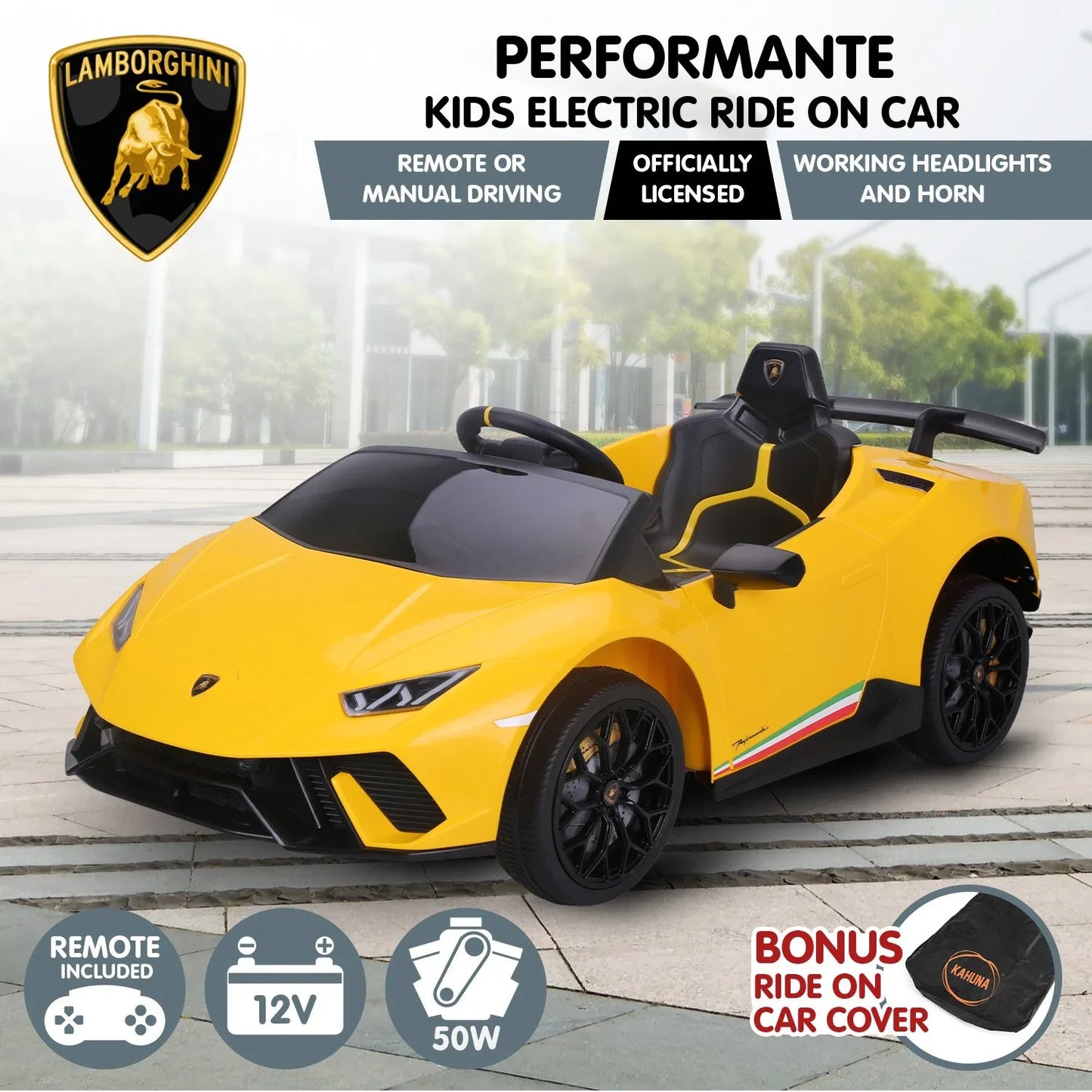 Kahuna Lamborghini Performante Kids Electric Ride On Car Remote Control - Yellow - Mekamart Australia