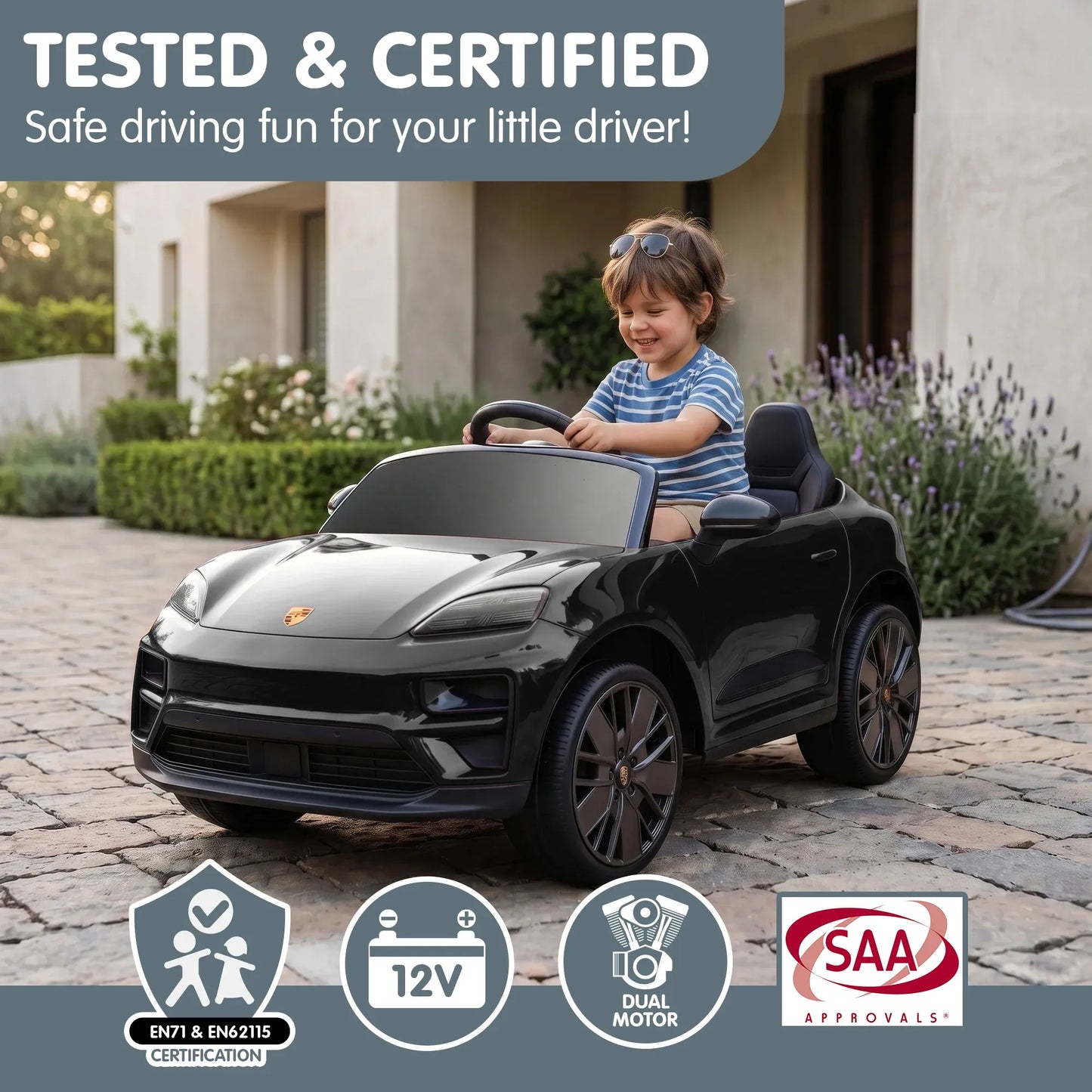 Kahuna Black Porsche Macan Turbo EV Kids Ride On Car 12V Electric Car