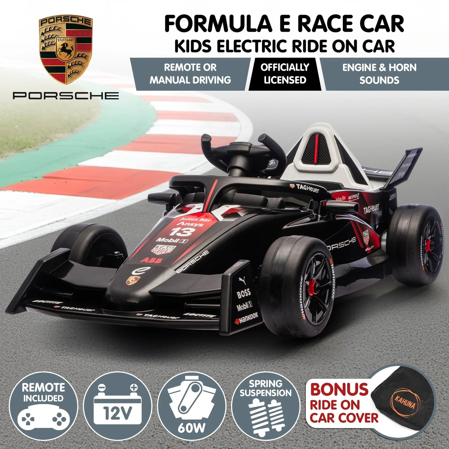 Kahuna Porsche Formula E Kids Electric Ride-on Car With Remote Control - Mekamart Australia