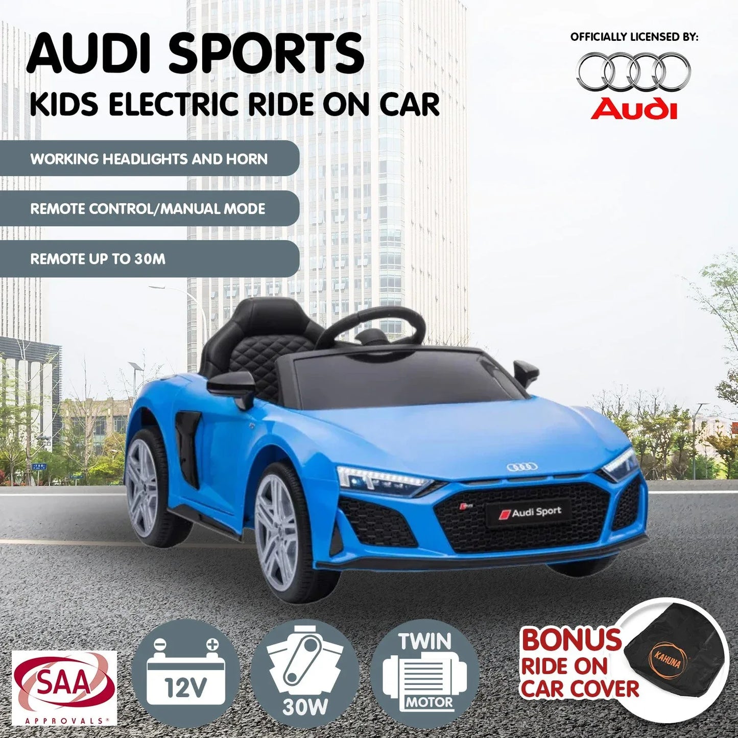 Kahuna Audi Sport Licensed Kids Electric Ride On Car Remote Control - Blue - Mekamart Australia