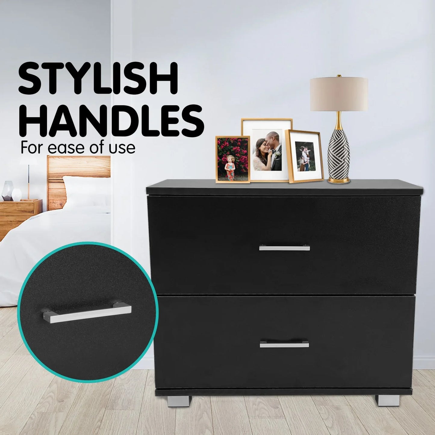 Sarantino Bedside Table Cabinet Storage Chest 2 Drawers Lamp Side Nightstand - Black - Mekamart Australia