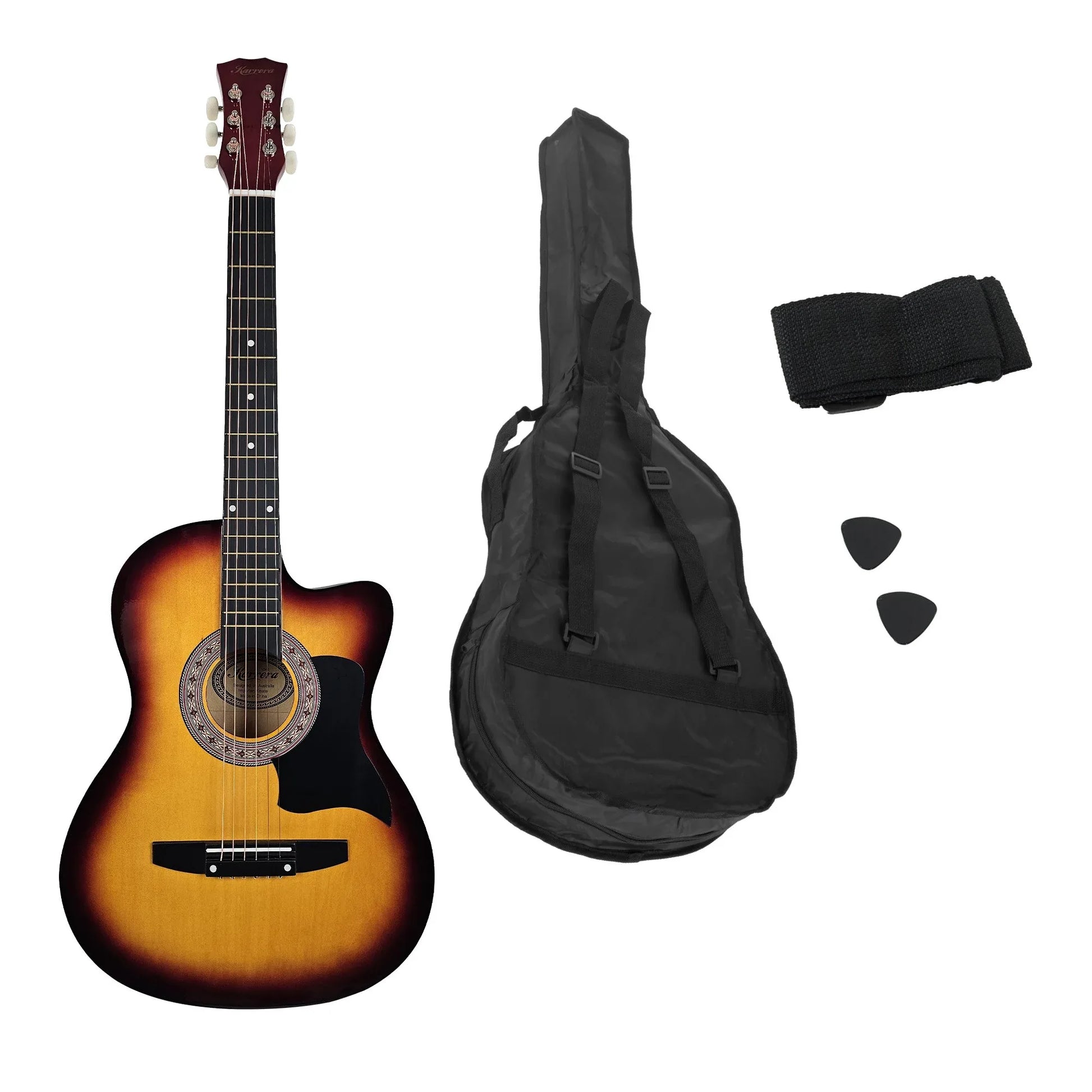 Karrera 38in Acoustic Guitar Steel Strings Carry Bag Shoulder Strap Sun Burst - Mekamart Australia