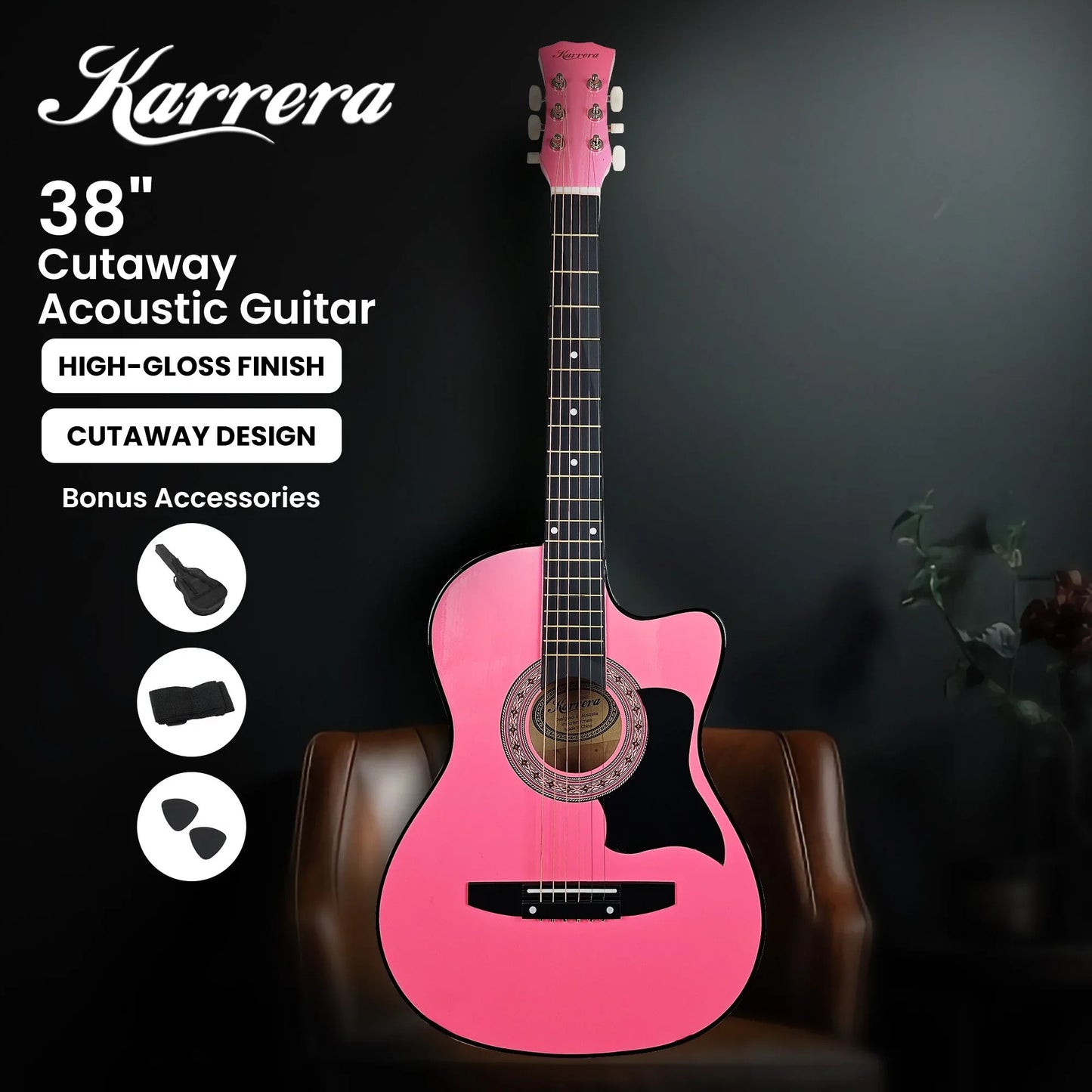 Karrera 38in Cutaway Acoustic Guitar with guitar bag - Pink - Mekamart Australia