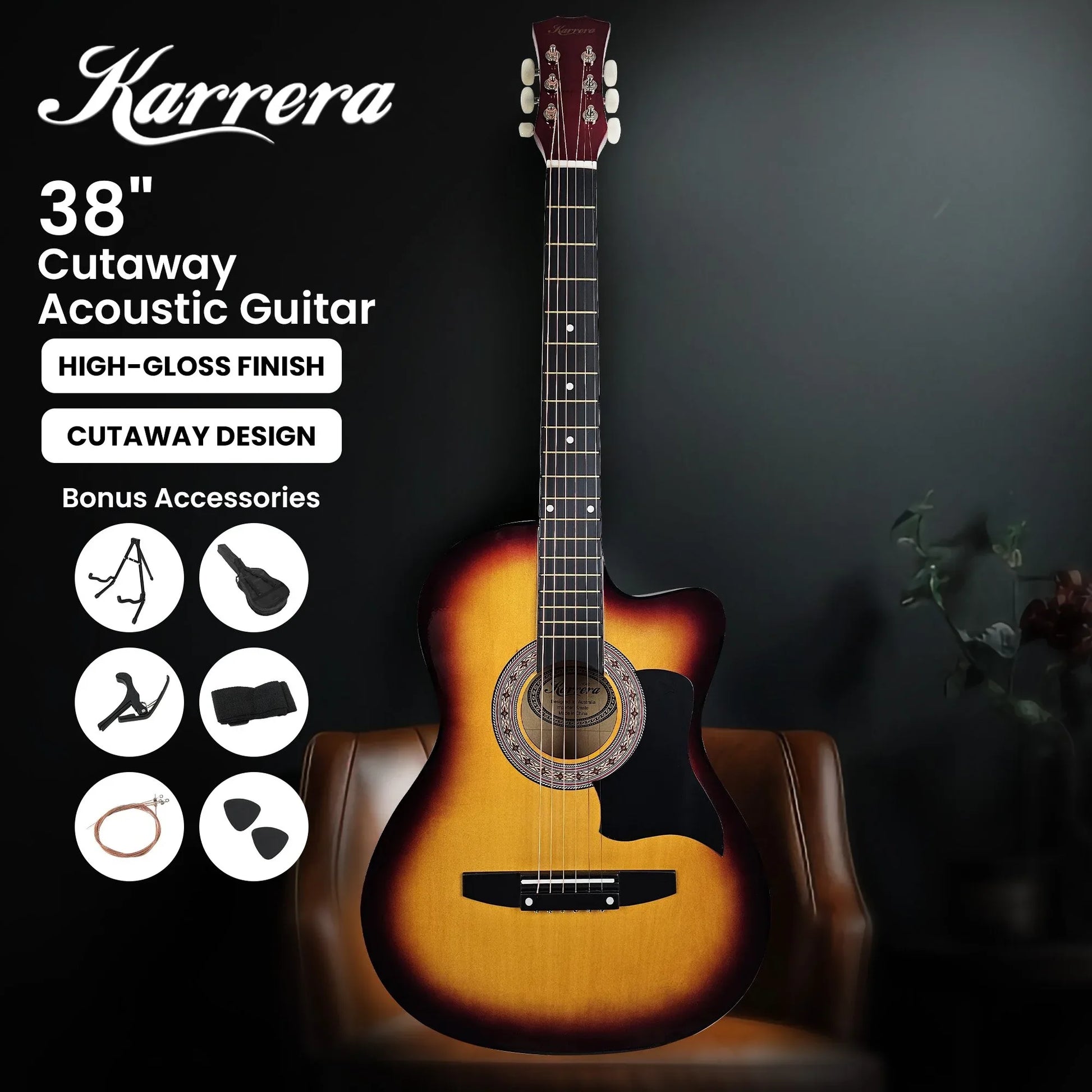 Karrera 38in Pro Cutaway Acoustic Guitar with Bag Strings - Sun Burst - Mekamart Australia