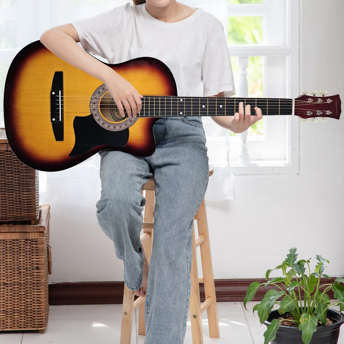 Karrera 38in Pro Cutaway Acoustic Guitar with Bag Strings - Sun Burst - Mekamart Australia