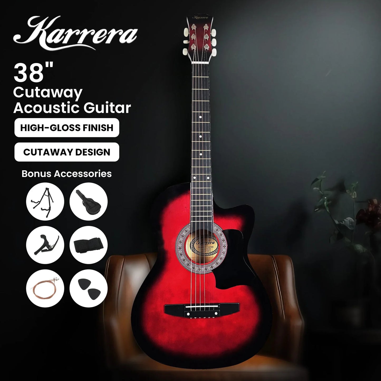 Karrera 38in Pro Cutaway Acoustic Guitar with guitar bag - Red Burst - Mekamart Australia