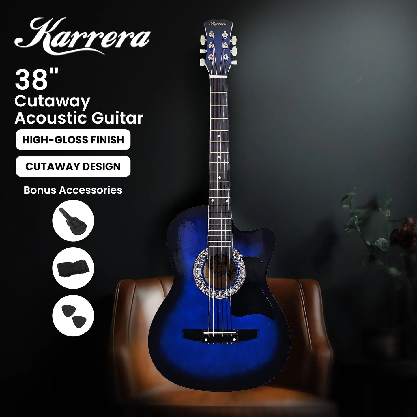 Karrera 38in Cutaway Acoustic Guitar with guitar bag - Blue Burst - Mekamart Australia