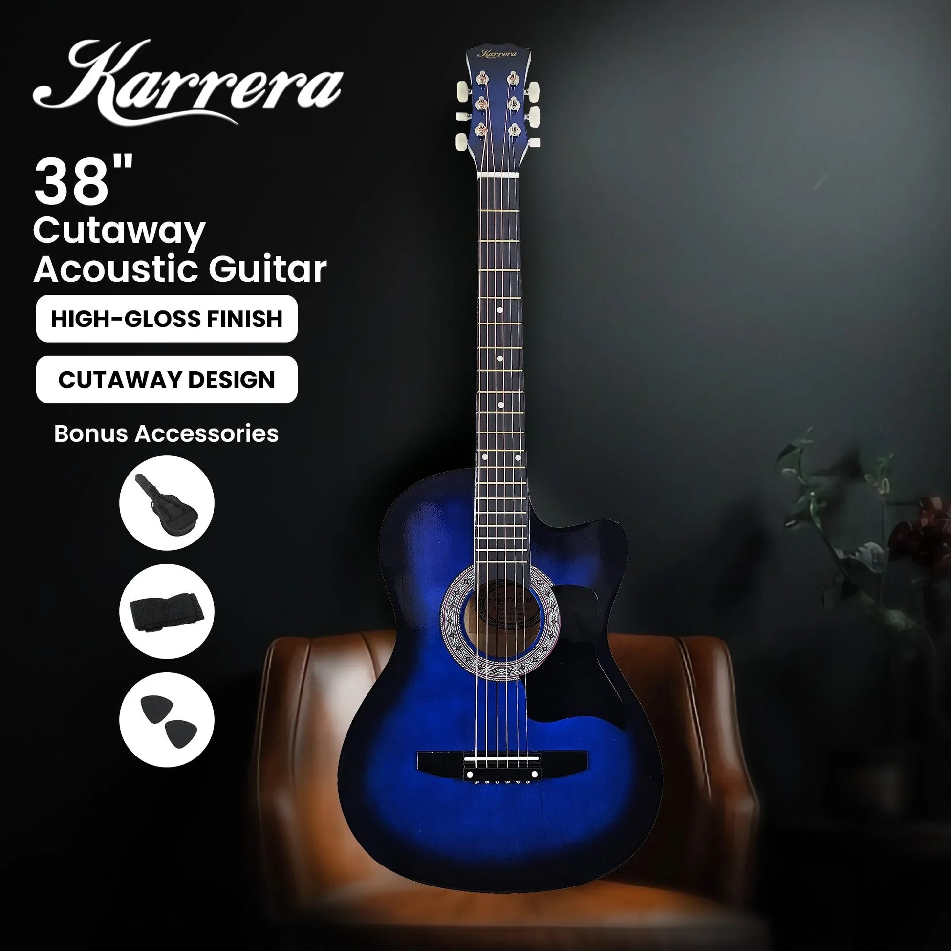 Karrera 38in Cutaway Acoustic Guitar with guitar bag - Blue Burst - Mekamart Australia