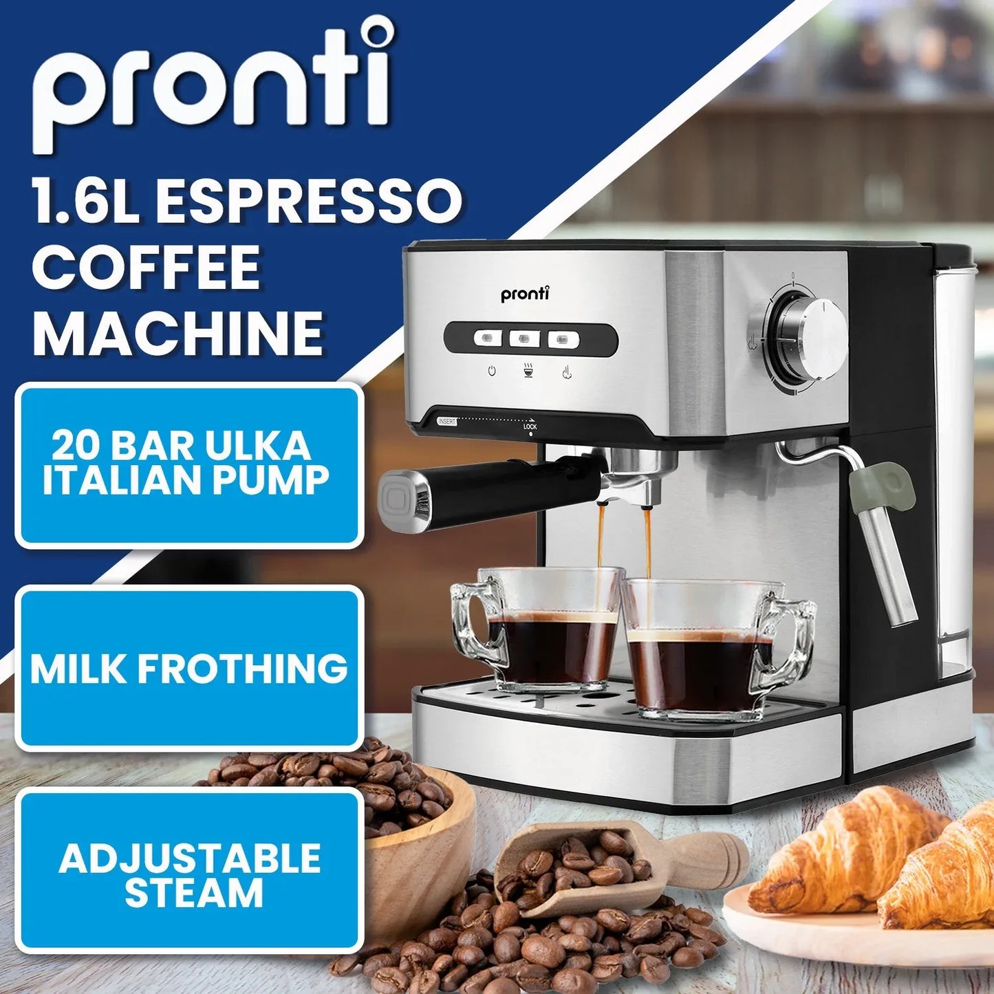 Pronti 1.6L Automatic Coffee Espresso Machine with Steam Frother - Mekamart Australia