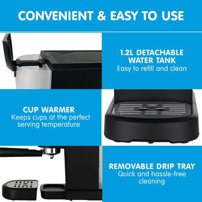 Pronti CM-850D Coffee Machine 20 Bar Espresso Maker with Milk Frother and 1.25L Tank - Mekamart Australia