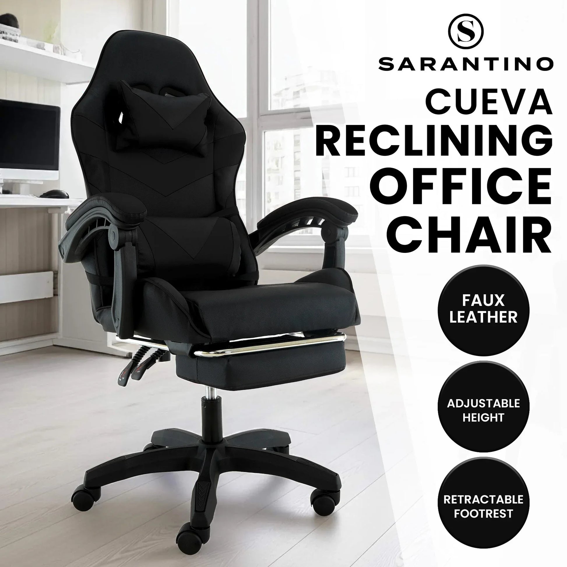 Sarantino Cueva Reclining High Back Office Gaming Chair Black Retractable Footrest Computer Seat - Mekamart Australia
