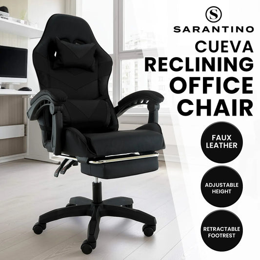 Sarantino Cueva Reclining High Back Office Gaming Chair Black Retractable Footrest Computer Seat - Mekamart Australia