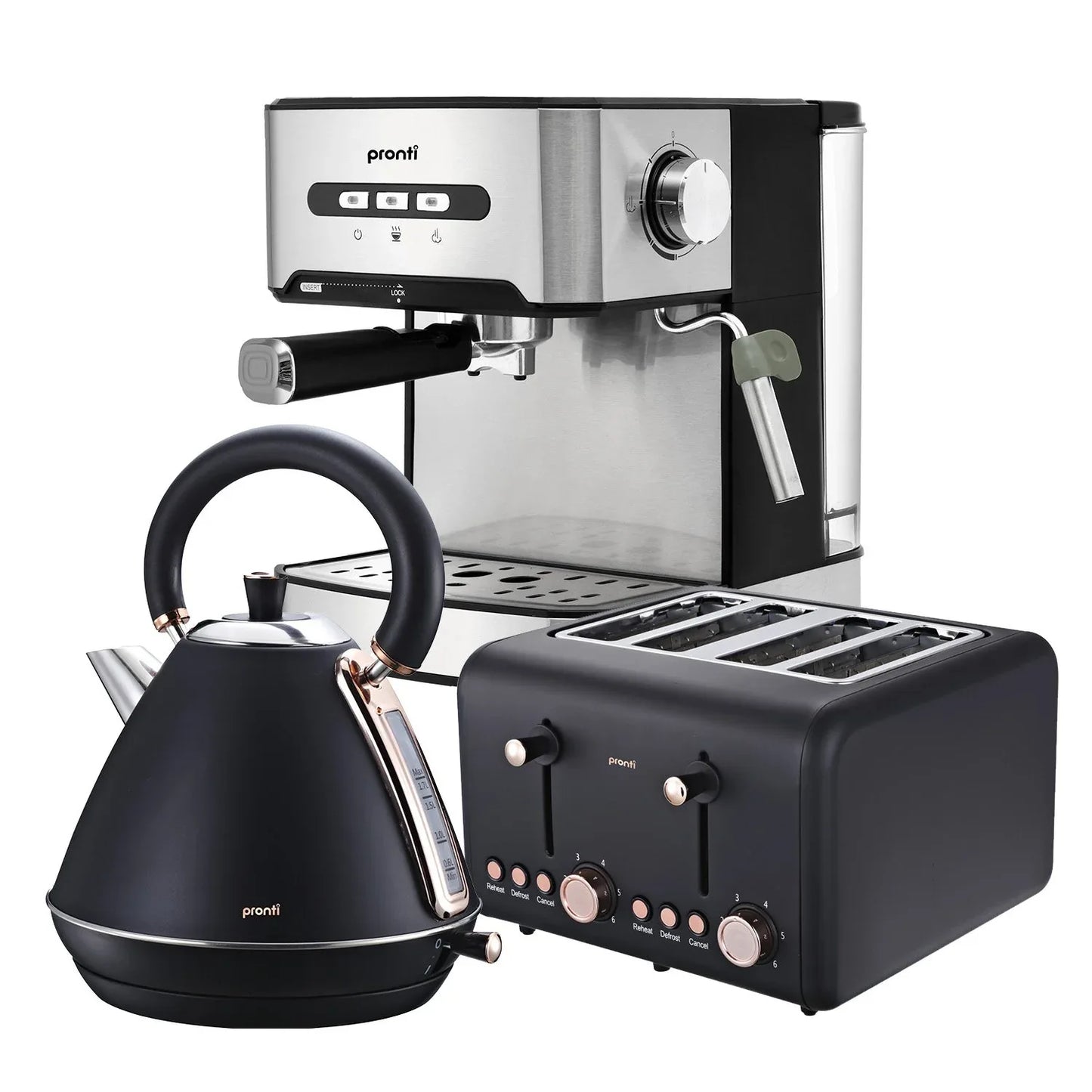 Pronti Toaster, Kettle & Coffee Machine Breakfast Set - Black - Mekamart Australia