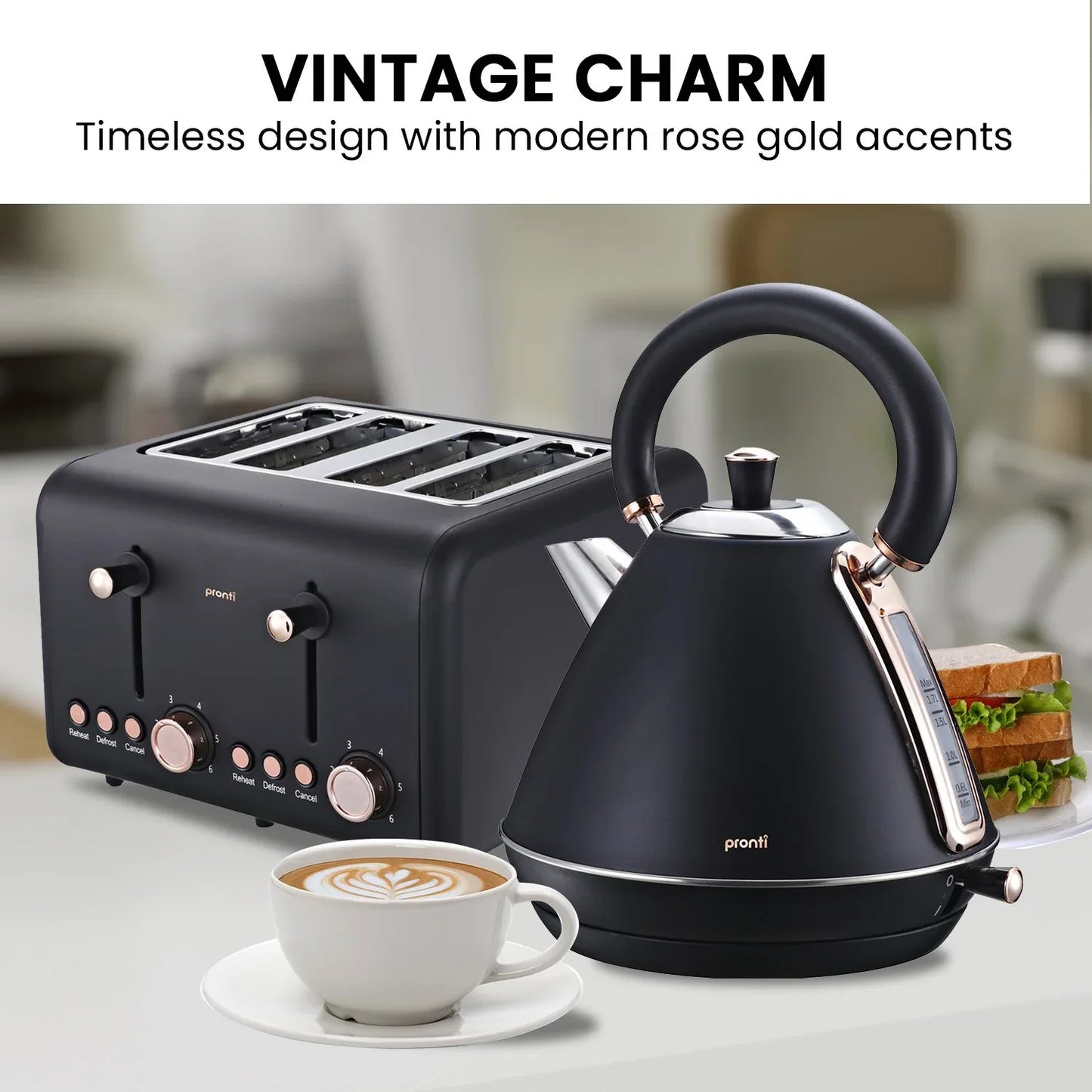 Pronti Toaster, Kettle & Coffee Machine Breakfast Set - Black - Mekamart Australia