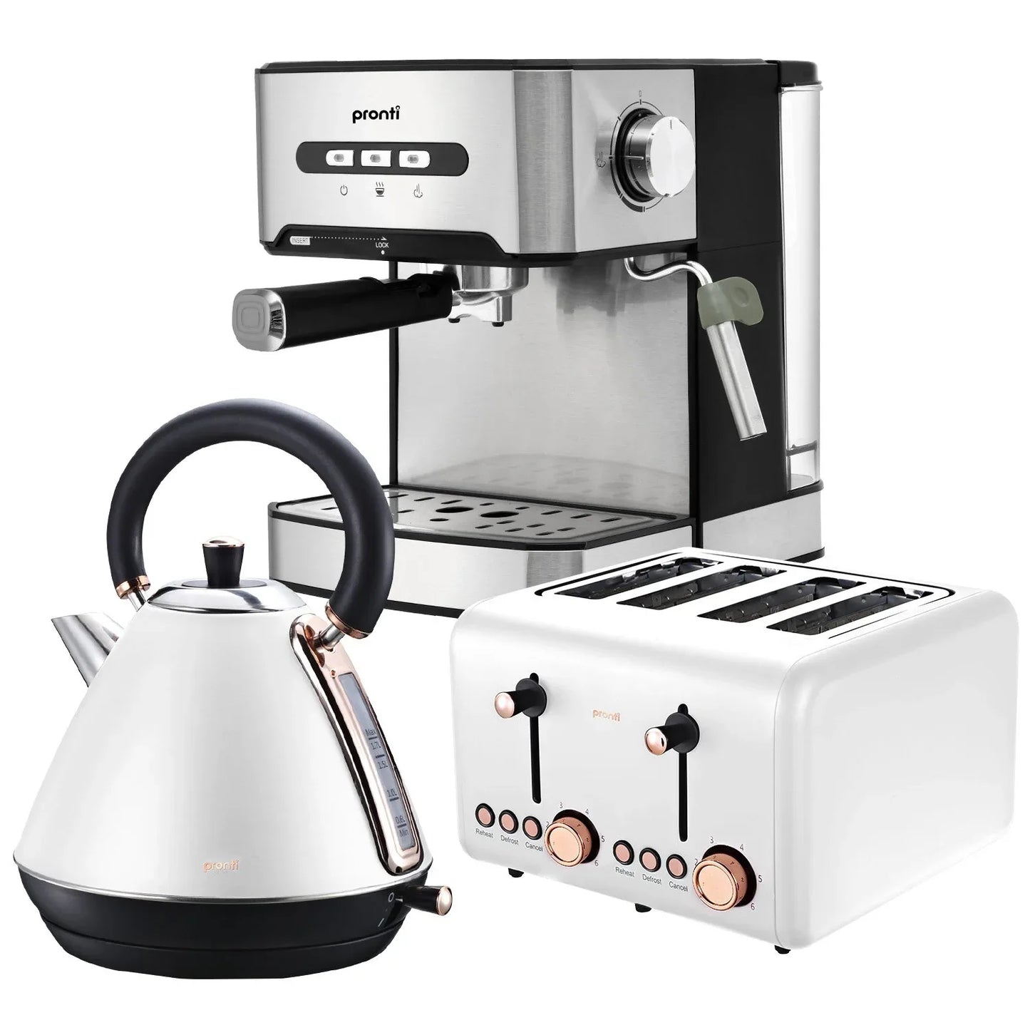 Pronti Toaster, Kettle & Coffee Machine Breakfast Set - White - Mekamart Australia