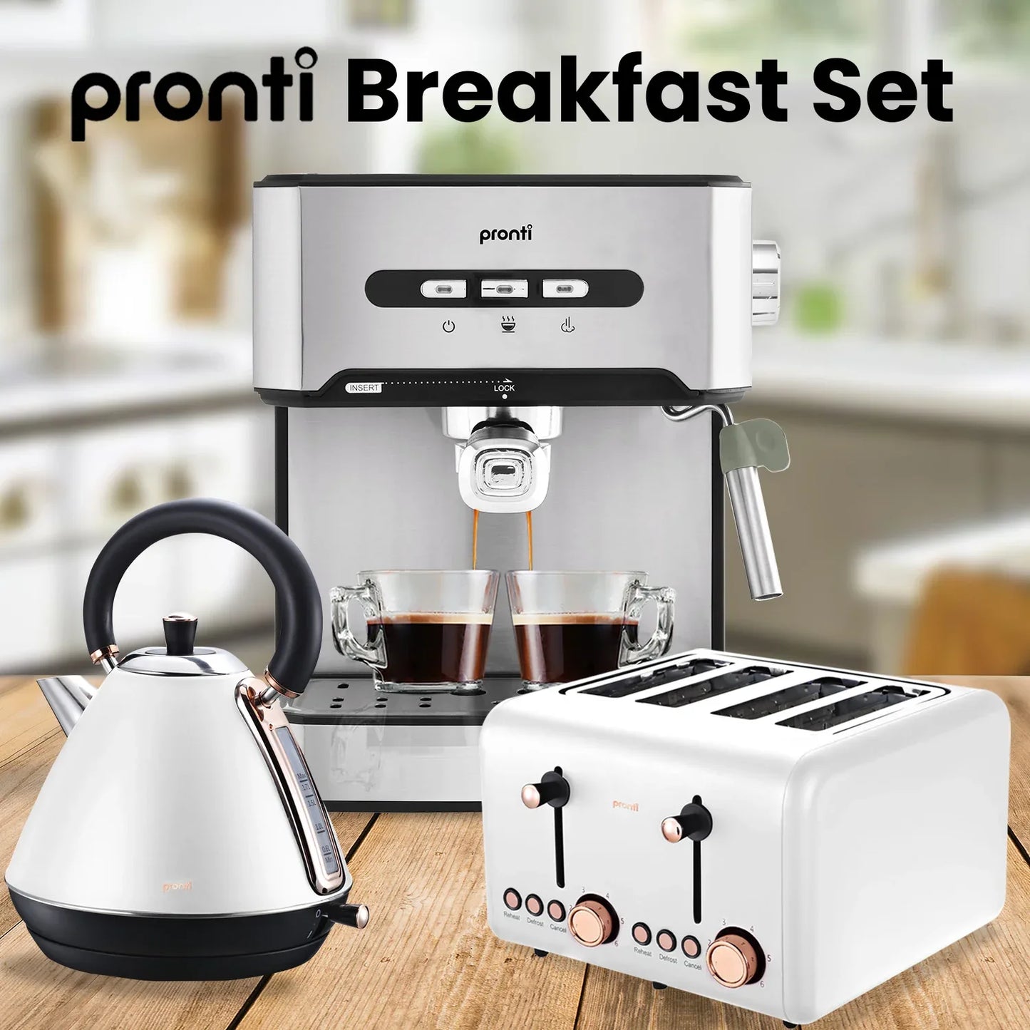 Pronti Toaster, Kettle & Coffee Machine Breakfast Set - White - Mekamart Australia