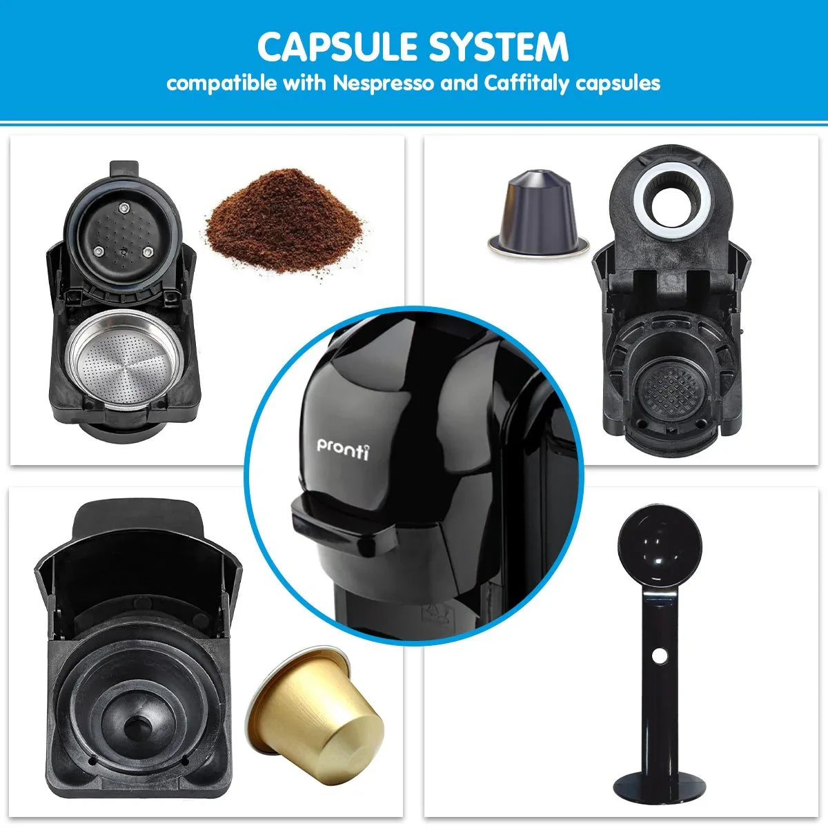 Pronti HomeMaid 3-in-1 Coffee Machine Multi-Capsule Pods and Ground Coffee Nespresso & Caffitaly Compatible CM-511HM - Mekamart Australia