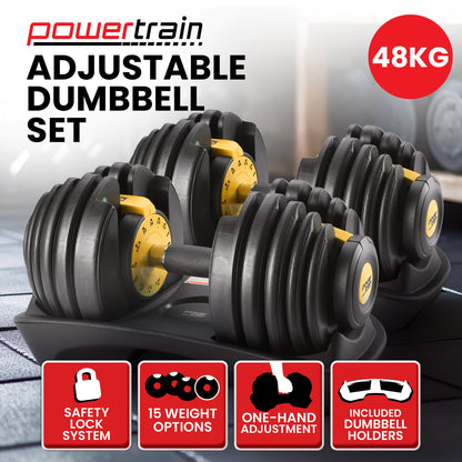 Powertrain 48kg  Adjustable Dumbbell Home Gym Set Gold