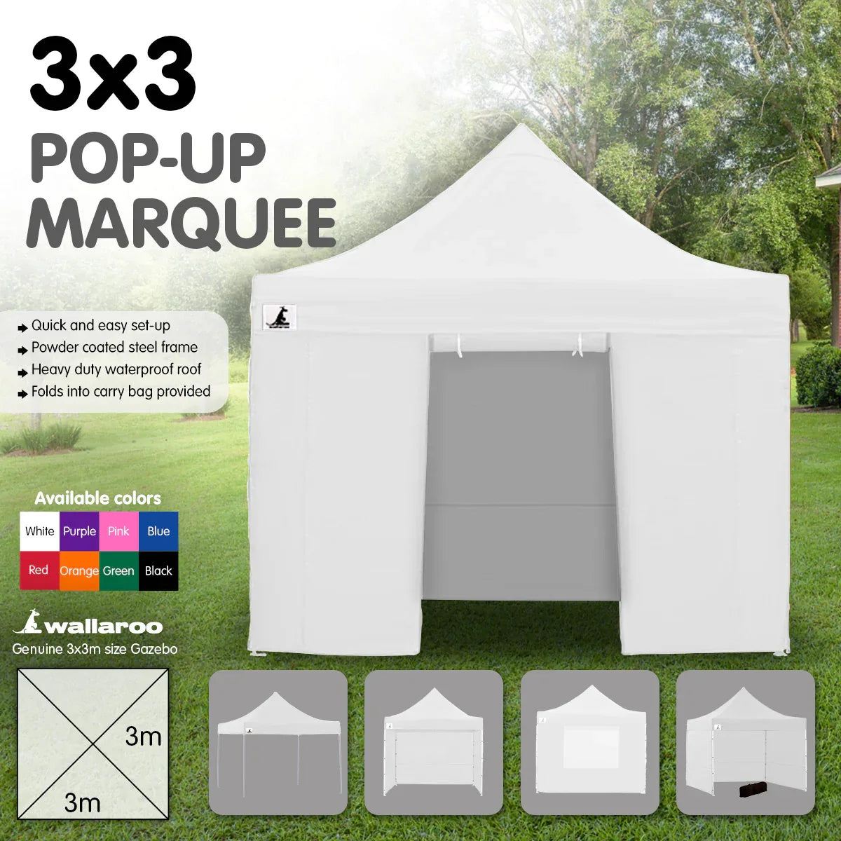 Wallaroo Gazebo Tent Marquee 3x3 PopUp Outdoor Wallaroo White - Mekamart Australia