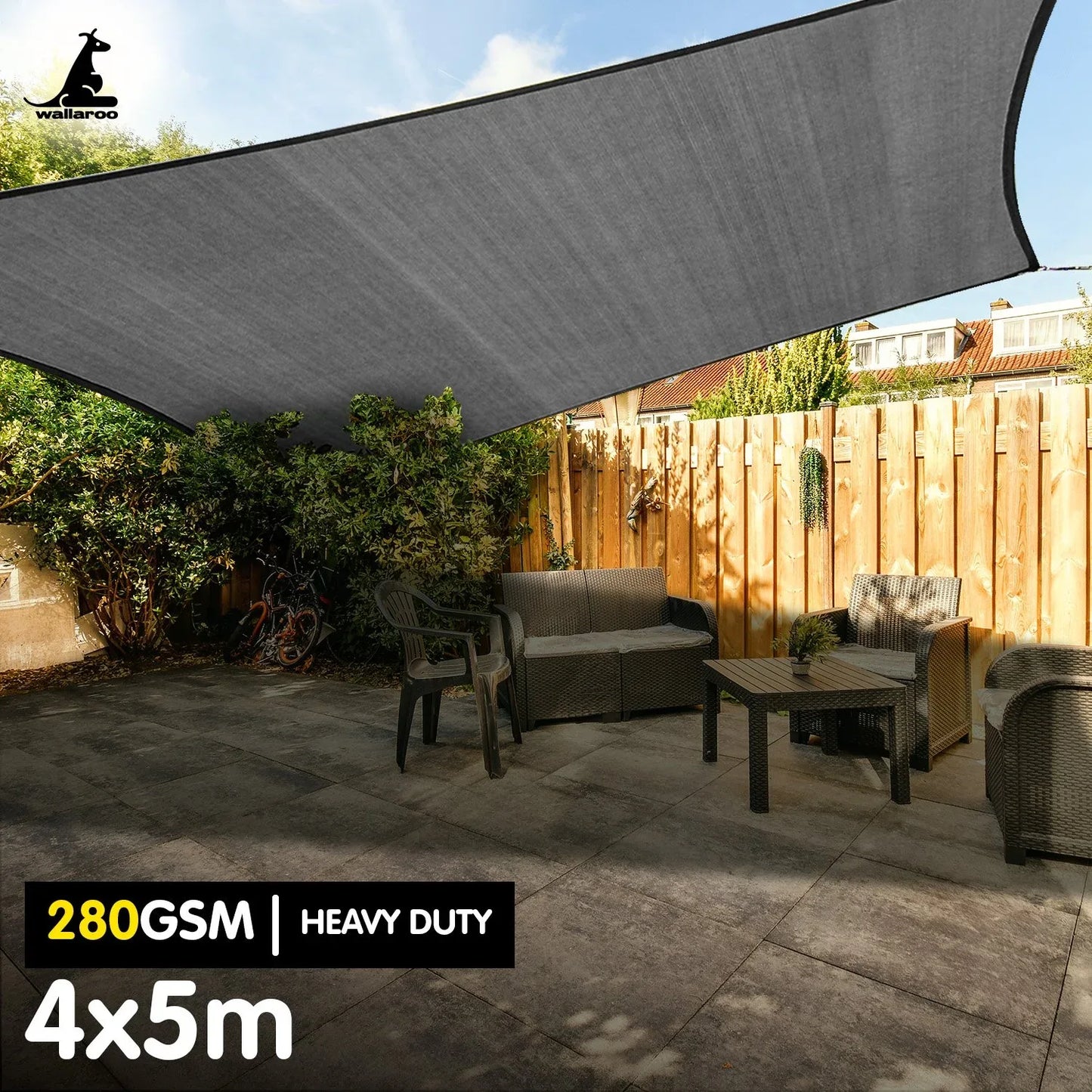 Wallaroo 280gsm Outdoor Sun Shade Sail Canopy Grey - 4m X 5m - Mekamart Australia