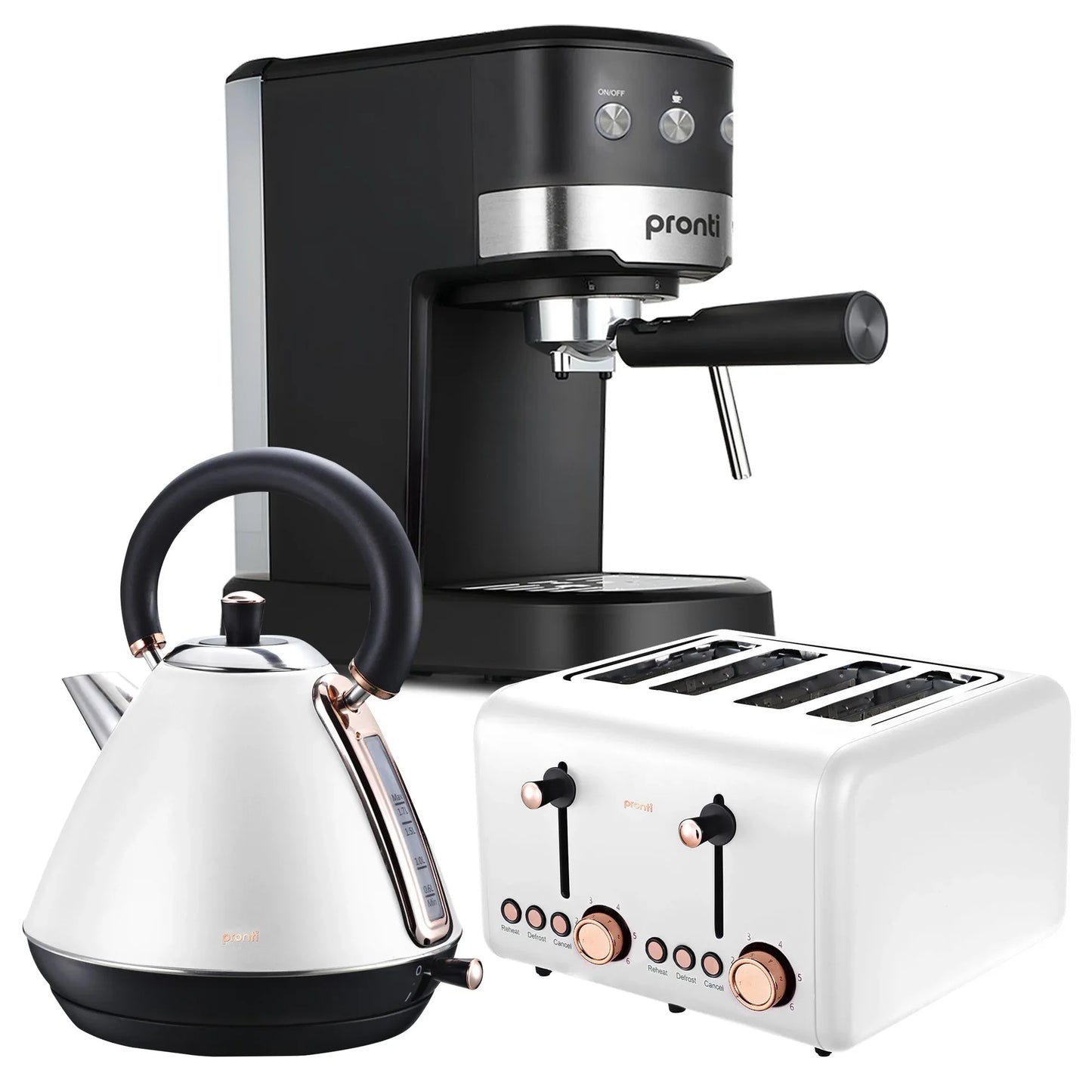 Pronti Breakfast Set with Rose Gold Kettle & Toaster with 1.2L Espresso Machine - White - Mekamart Australia