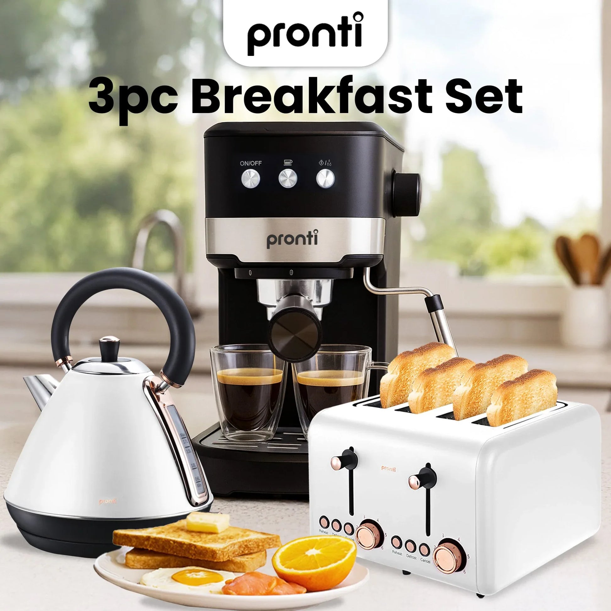Pronti Breakfast Set with Rose Gold Kettle & Toaster with 1.2L Espresso Machine - White - Mekamart Australia