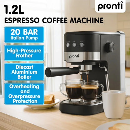 Pronti Breakfast Set with Rose Gold Kettle & Toaster with 1.2L Espresso Machine - White - Mekamart Australia