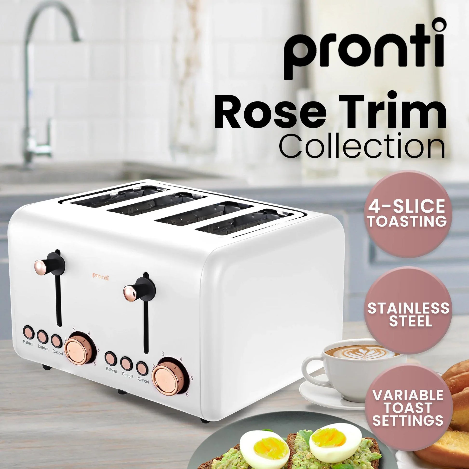 Pronti Breakfast Set with Rose Gold Kettle & Toaster with 1.2L Espresso Machine - White - Mekamart Australia