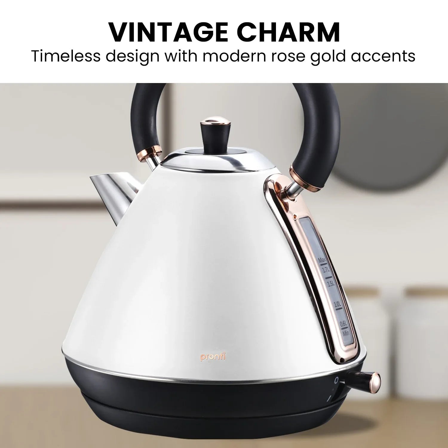 Pronti 1.7l Rose Trim Collection Kettle - White - Mekamart Australia